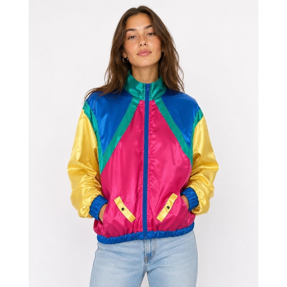 Vintage 80s Colorblock‎ Jacket Neon Pink Blue Yellow Satin Windbreaker XL